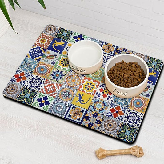 Moroccan Trellis Dog Food & Water Mat, Mexican Talavera Boho Colorful Pet Feeding Mat for Floor Non-Slip Waterproof, Super Absorbent Cat Bowl Mat, Easy to Clean Durable Pet Placemat,12" × 20"