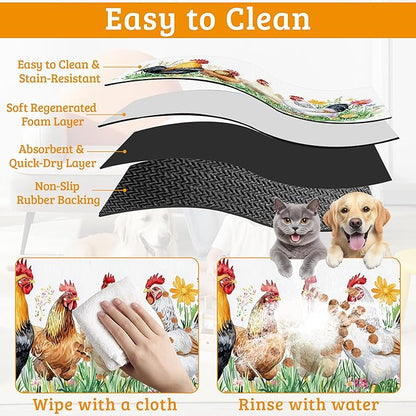 Chicken Rooster Dog Cat Food Mat,Green Grass Absorbent Waterproof Placemat for Food and Water Non Slip Rubber Backing Durable Feeding Pad for Clean Floors 16" x 24"