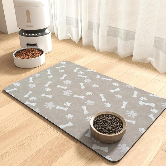 MontVoo Dog Food Mat-Pet Feeding Mat for Food and Water-No Stains Quick Dry Dispenser Cat Bowl Mat for Messy Drinkers(16"X24" Grey)