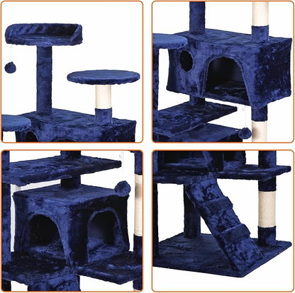 Multi-Level Cat Tree Tower with Condos, 54" Tall Cat Activity Center with Plush Perches and Toys, Space Saving Pet Playhouse for Kittens and Cats (Blue)