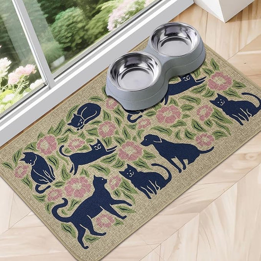 SHIYUE Dog Food Mats for Floors, Absorbent Cat Bowl for Food and Water, Non-Slip Accessories Pet Supplies(16"x24",Beige Animal Flower)