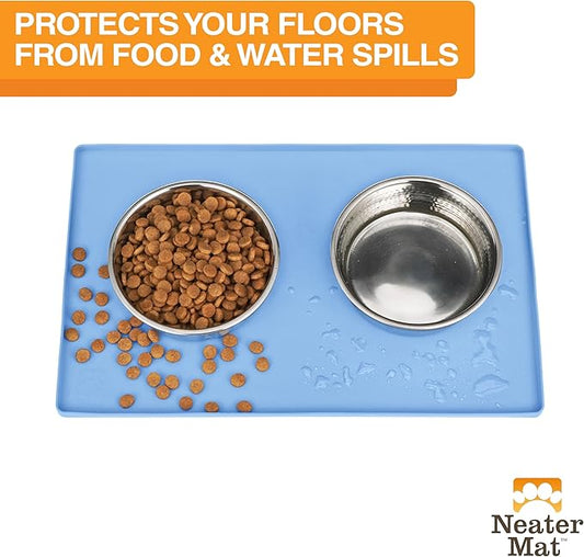 Neater Pet Brands Neater Mat Pet Mats for Food and Water, Cat & Dog Bowl Mat Waterproof Silicone, Feeding Tray, Dog Food Mats for Floors, Placemat w/Raised Edge for Under Bowls, 16” x 10”, Light Blue