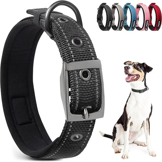 PetiFine Dog Collars for Medium Dogs, Neoprene Padded and Adjustable, Reflective Wide Heavy Duty Pet Collars with Durable Metal Belt Buckle for Walking, Black, M
