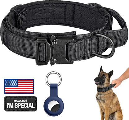 DAGANXI Tactical Dog Collar, Adjustable Military Training Nylon Dog Collar with Control Handle and Heavy Metal Buckle for Medium and Large Dogs, with Patches and Airtags Case (XXL, Black)