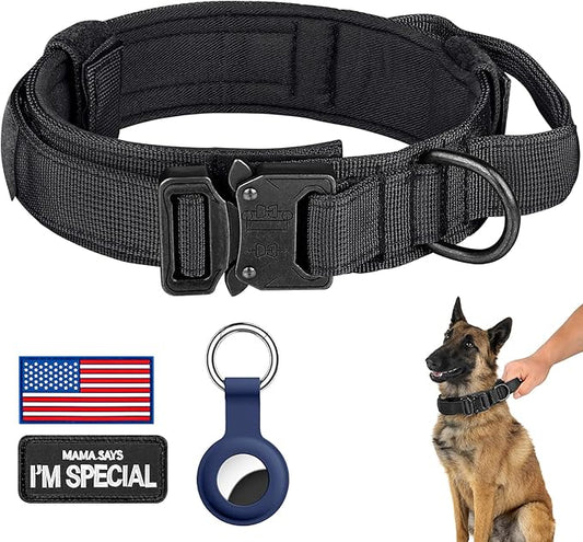 DAGANXI Tactical Dog Collar, Adjustable Military Training Nylon Dog Collar with Control Handle and Heavy Metal Buckle for Medium and Large Dogs, with Patches and Airtags Case (XXL, Black)