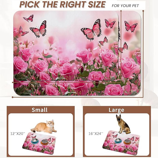 Rose Pink Dog Cat Food Mat,Butterfly Absorbent Pet Feeding Mat for Food and Water,Non-Slip Dog Bowl Mats Floor Protector 12"x20"