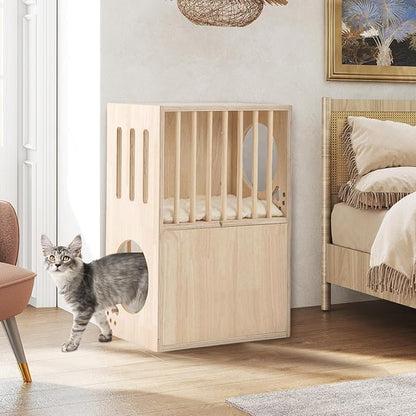Tangkula 2-Tier Luxury Wood Cat House, Wooden Kitten Cage Condo with 2 Washable Plush Cushions, 2 Access Holes, Indoor Pet Playpen Cat Catio End Side Table Nightstand, Ventilated Cat Bed Furniture