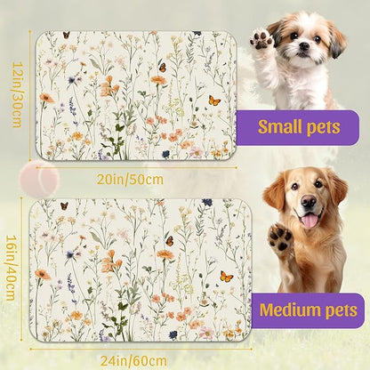 Vintage Wildflowers Herbs Pet Feeding Mat, Absorbent Bowl Pad, Quick Dry, Non-Slip Base, No Stains – 12x20 Inch