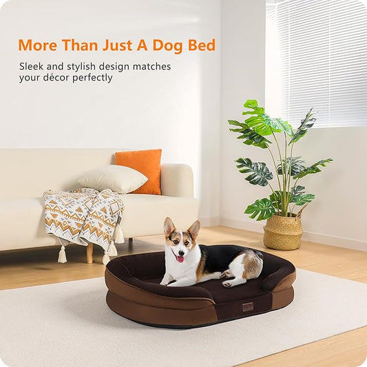 Dwanton Orthopedic Dog Bed for Medium Dogs with Gel Memory Foam, Waterproof Dog Sofa, Washable Pet Bed with Four Sided Bolster Cushion, Removable Cover & Non-Slip Bottom, 35", Brown