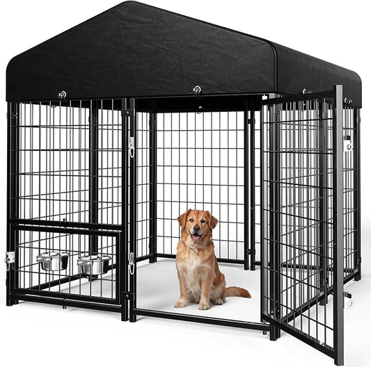 Dog Kennel Outdoor, Outside Dog Kennel with Roof & Swivel Feeders/Removable Doggy Door Allow Connecting Your Dog House, Heavy Duty Dog Run Pen Yard for Medium/Large Dogs (5'L x 5'W x 5'H)