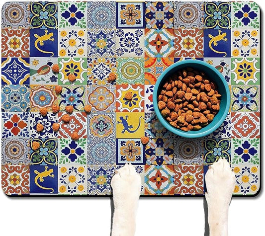 Moroccan Trellis Dog Food & Water Mat, Mexican Talavera Boho Colorful Pet Feeding Mat for Floor Non-Slip Waterproof, Super Absorbent Cat Bowl Mat, Easy to Clean Durable Pet Placemat,24" × 32"