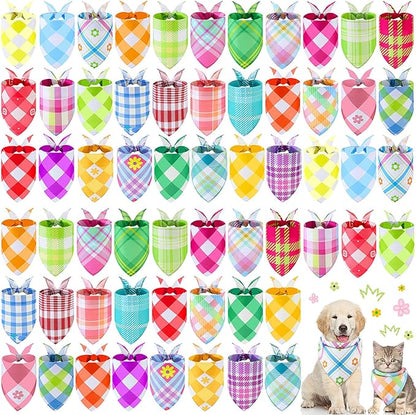 Sweetude 60 Pcs Spring Plaid Dog Bandanas Bulk Spring Pet Scarf Bibs Adjustable Washable Kerchief Seasonal Pet Costume Accessories Grooming Supplies for Small to Large Cats Dogs