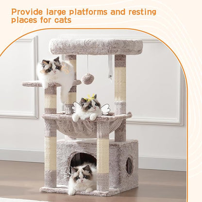 Heybly Cat Tree, Kitten Tower with Large Soft Cat Basket, Cat Condo with Spacious Cat Bed Cave with Hidden Space, Sisal-Covered Scratching Posts,Dangling Ball for Indoor Cats, Muchroom HCT008SMU