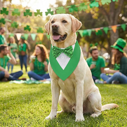 ADOGGYGO St.Patrick's Day Dog Tuxedo Bandana, Green Pet Tux Collar with Bowtie Adjustable St Patricks Costume for Medium Large Dogs Pets (L)