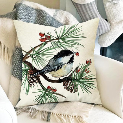Fahrendom Hello Winter Green Decorative Throw Pillow Covers 18 x 18 Set of 4, Chickadee Pine Needle Branch Porch Patio Outdoor Pillowcase, Christmas Pine Cone Red Berry Sofa Cushion Case Home Decor