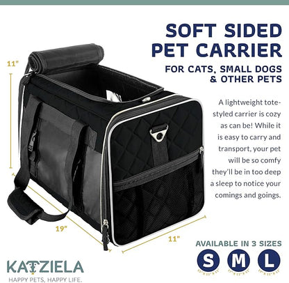 Katziela Deluxe Quilted Airline Approved Pet Dog & Cat Carrier for Airplane Travel (Large, Black)