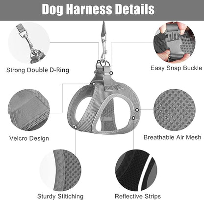 PetiFine Extra Small Step in Dog Harness and Leash Set, Cat Harness and Leash Escape Proof, All Weather Mesh Reflective, Step-in Air Vest Harnesses for Puppy(XXXS, Grey)