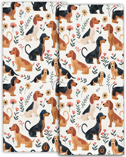Cute Dachshund Hand Towels - 2 Pack,14.5" X 28",Soft Microfiber Polyester Cartoon Towel Set with Weiner Dog-Lover & Floral Pattern,for Rustic Bathroom Kitchen Spa Hotel Decor Gifts Women Girls