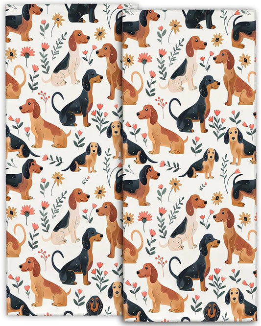 Cute Dachshund Hand Towels - 2 Pack,14.5" X 28",Soft Microfiber Polyester Cartoon Towel Set with Weiner Dog-Lover & Floral Pattern,for Rustic Bathroom Kitchen Spa Hotel Decor Gifts Women Girls