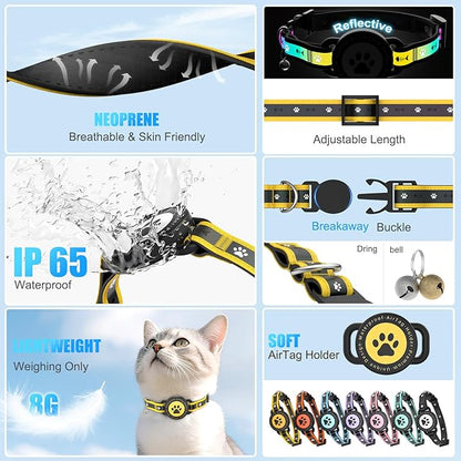Airtag Cat Collar Breakaway, Reflective Cat Collar with AirTag Holder and Bell, Compatible with Apple Air Tag, Comfortable Padding, Adjustable, Durable (Yellow, XS)
