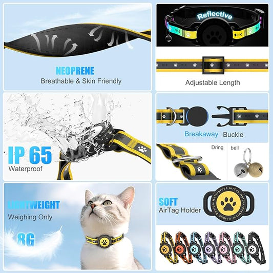 Airtag Cat Collar Breakaway, Reflective Cat Collar with AirTag Holder and Bell, Compatible with Apple Air Tag, Comfortable Padding, Adjustable, Durable (Yellow, S)