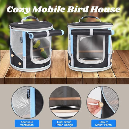 Small to Medium Bird Travel Carrier Cage, Portable Parrot Parakeet Cockatile Conure Transport Cage with Clear Window and Fabric Shade, Round Carry Bird Bag