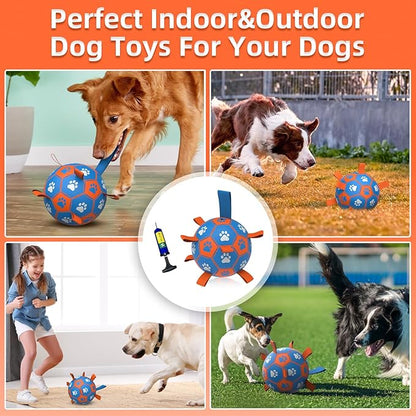 QDAN Dog Ropes Toys Soccer Ball with Straps, Puppy Birthday Gifts, Tug Toy, Durable Dog Balls for Medium & Large Dogs- Blue Orange(8 Inch)