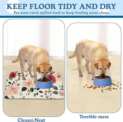 Pink Flower Leaf Pet Feeding Mat–Christmas Stocking Quick Dry Absorbent Dog Cat Food Mat, Non Slip Waterproof Bowl Placemat for Messy Eaters, Pet Accessories for Floors 12"x20"