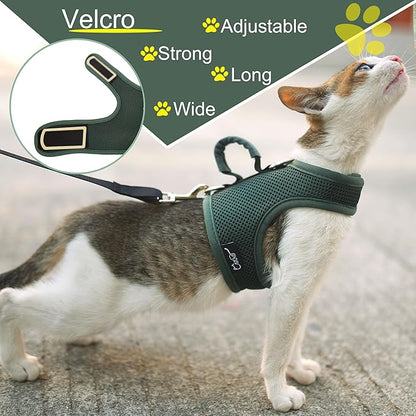 Cat Harness and Leash for Walking Escape Proof Breathable Mesh Fabric, Solid Green, Medium, Adjustable Cat Walking Jackets with Handle, Padded Stylish Cat Vest