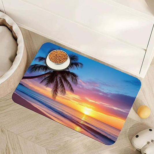 Tropical Palm Pet Feeding Mat,Sunset Trees Sea Beach Absorbent Quick-Dry Cat Dog Food and Water Bowl Mats, Non-Slip Rubber Backing Mat, Cat Dog Accessories Supplies 16"x24"