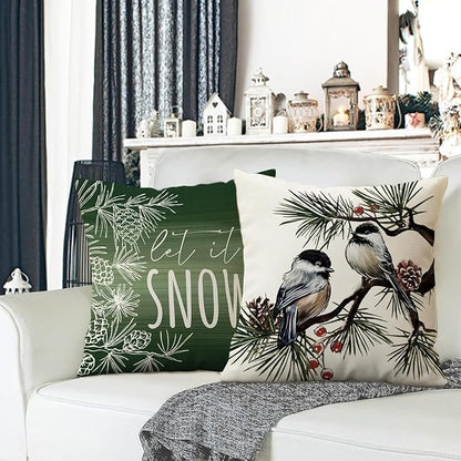 Fahrendom Hello Winter Green Decorative Throw Pillow Covers 20 x 20 Set of 4, Chickadee Pine Needle Branch Porch Patio Outdoor Pillowcase, Christmas Pine Cone Red Berry Sofa Cushion Case Home Decor