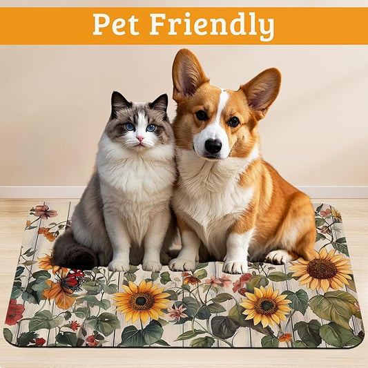 Pet Feeding Mat,Vintage Flower Absorbent Dog Cat Food Mat Rustic Wooden Dog Mat with Rubber Backing,Non-Slip Water Bowl Placemat,Pet Supplies 16" x 24"