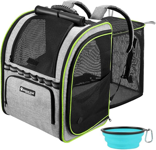Expandable Cat Carrier Backpacks with Breathable Mesh, Pet Carrier Backpack for Cats Small Dogs Puppies Up to 20 Lbs, Dog Carrier Backpack Great for Travel/Hiking/Camping/Outdoor-Grey with Green