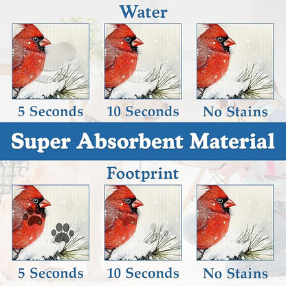 Cardinal Bird Dog Food Mat–Chirstmas Snow Absorbent Quick Dry Feeding Placemat for Food and Water Bowls, Non Slip Rubber Backing, Waterproof Pet Supplies for Mess-Free Eating 12"x20"