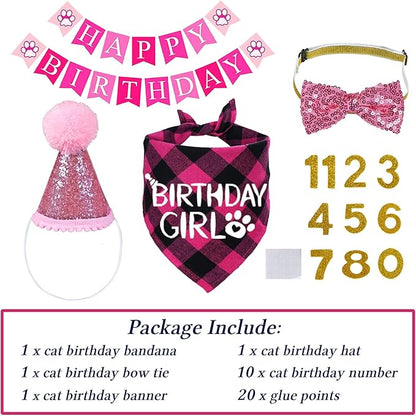 STMK Cat Birthday Decorations, Cat Birthday Hat with Numbers Bandana Bow Tie Collar Banner for Cats Kittens Outfits (Pink)