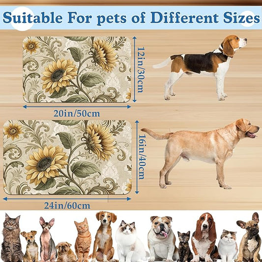 Vintage Sunflower Pet Feeding Mat for Floors–Christmas Stocking Absorbent Quick Dry Dog Cat Bowl Mat for Food and Water, Non Slip Waterproof Base, Mess-Free Feeding Accessories 16"x24"