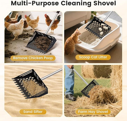 Chicken Poop Scooper and Rake, 2-in-1 Metal Sand Sifting Shovel with 24-68 Inch Adjustable Stainless Steel Handle, Cleaning Tools for Outdoor Chicken Coops, Farm Animals House