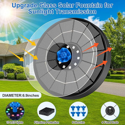 Solar Fountain Pump with 3 Spray Height Adjustments, Upgraded Glass Solar Bird Bath Fountains with LED Lights,6 Nozzles,Outdoor Solar Water Fountain for Bird Bath, Garden, Pool, Pond (Blue)
