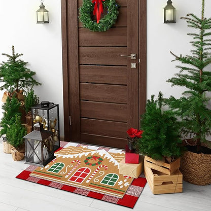 Tinideya 2 Pcs Door Mat Welcome Non Slip Coir Mats Floor Layering Doormats Seasonal for Front Porch Entryway Decor(Gingerbread House)