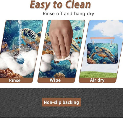 Turtle Dog Cat Food Mat,Coral Fish Absorbent Pet Feeding Mat for Food and Water,Non-Slip Dog Bowl Mats Floor Protector 12"x20"