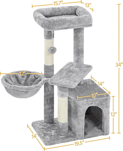 Topeakmart Cat Tree Tower for Indoor Cats, 34.5in Cat Activity Center with Condo & Scratching Post, Cat Climbing Tower Play House w/Large Perch, Platform, Basket for Kitten, Light Gray