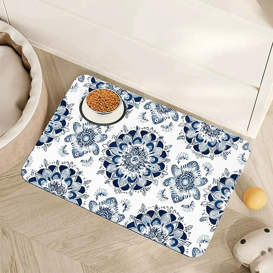 Mandala Flower Dog Food Mat for Floors,Blue Boho Floral Absorbent Quick-Dry Pet Feeding Mat,Cat Dog Bowl Mats for Food and Water,Non-Slip Pet Accessories Supplies 16"x24"