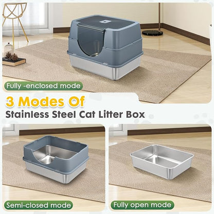 Stainless Steel Litter Box with Lid,Side Entry Large Litter Box,Enclosed High Sided Litter Boxes with High Sided Enclosure&Scoop,Anti-Urine Leakage Non-Sticky for Kitty&Medium Cats(Grey)
