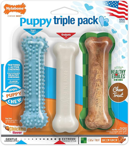 Nylabone New Puppy Starter Kit, Chew Toys & Natural Chew Treat for Puppies, Puppy Enrichment Teething Toys, Blue, Long Lasting Chicken & Bacon Flavor, Small Dogs - Up to 25 Ibs, 3 Pack