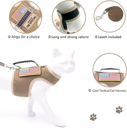 Tactical Cat Harness and Leash for Walking Escape Proof, Adjustable Cat Walking Jackets, Padded Stylish Cat Vest, Khaki, XX-Large