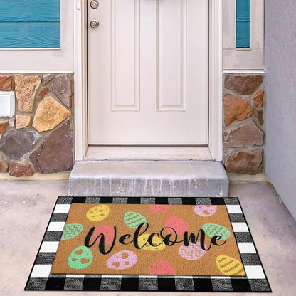 Tinideya 2 Pcs Easter Day Door Mat Eggs Welcome Non Slip Coir Mats Holiday Black and White Plaid Floor Layering Doormats Seasonal for Front Porch Entryway Decor(Easter Eggs)