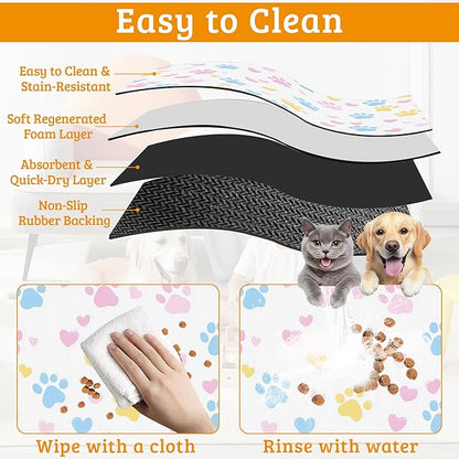 Dog Bowl Mat,Colorful Dog Paws Pet Feeding Mat for Floors Waterproof,Animal Absorbent Dogs Placemat for Food and Water Quick Dry Pet Cat Feeding Mats with Non Slip Bottom 16" x 24"