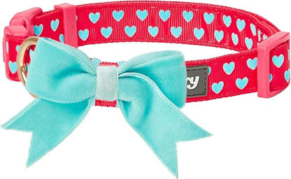 Blueberry Pet Adjustable Flocking Dog Collar for Large Dogs, Pink Girl Dog Collars with Detachable Velvety Bowtie, Heart in Lust Red, Spring Dog Collar for 18-26 Inch Neck