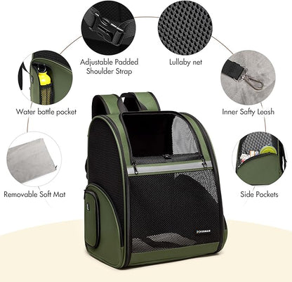 Pet Backpack Carrier, Large Cat Carrier Backpack Up to 20 Lbs with Breathable Mesh, for Medium Large Cats or Small Dogs, Travel Hiking Camping Backpack (DarkGreen-XL)
