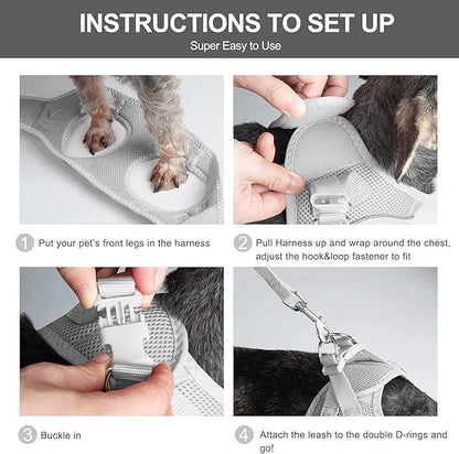 Fida Comfy Dog Harness with Leash, Soft Puppy Vest Escape Proof, Breathable Lightweight Soft Mesh, Adjustable Reflective Step-in Harness for Cat & Extra-Small Pet (XS, Grey)